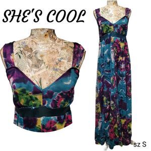 She's Cool Peacock Colorful Long Halter Top Empire Waist Flowy Maxi Dress